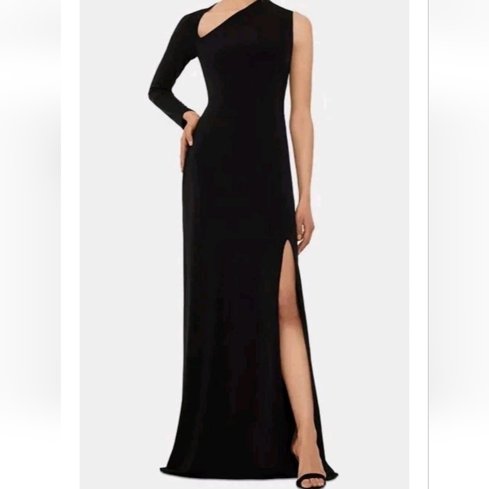 Betsy & Adam Asymmetric-Neck One-Sleeve Gown Dress Black Side Slit  Size 4 NWT